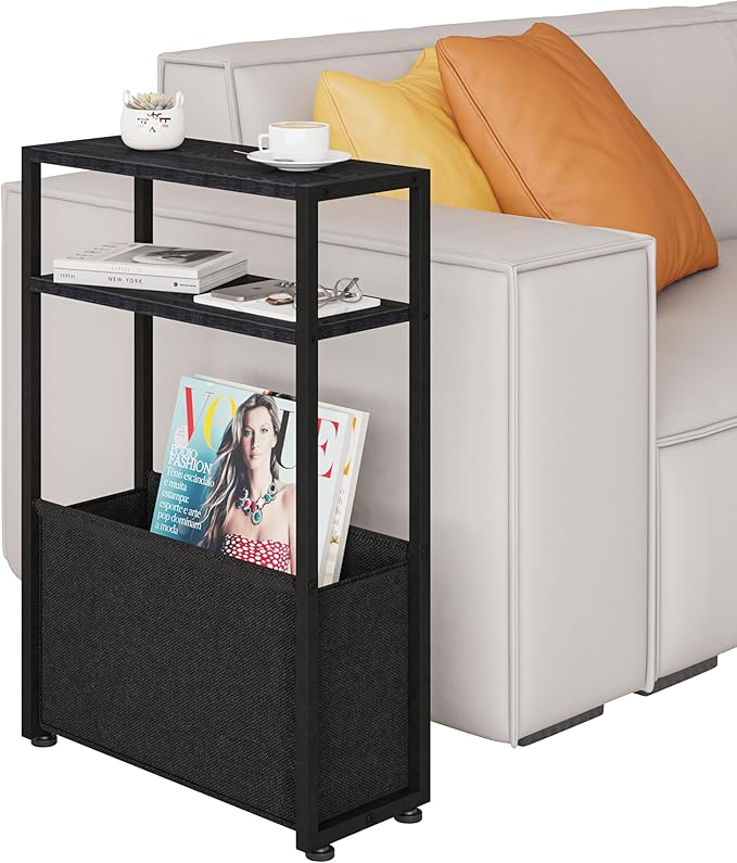 Narrow Side Table, Slim Side Table with Magazine Rack, Bathroom Table for Small Spaces, Narrow Bedside Table for Living Room, Bedroom