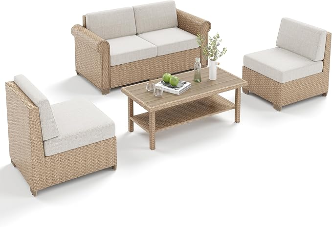 Patio Furniture Set, 5 Piece Outdoor Rattan Wicker Sectional Sofa Couch Conversation Set with 5.5" Thick Waterproof Cushions and Coffee Table for Deck Backyard