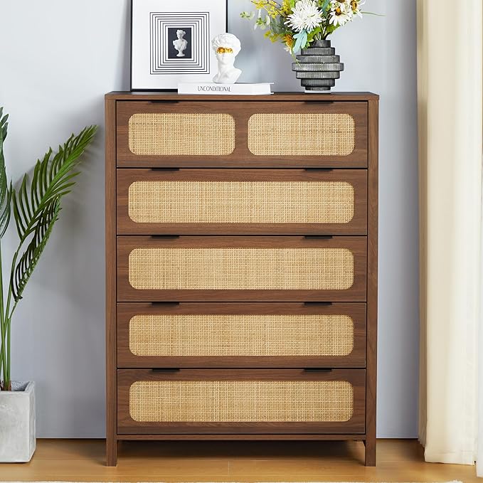 5 Drawer Dresser with Rattan Finish, Modern Farmhouse Chest of Drawers with Metal Handles, Accent Wood Storage Cabinet for Bedroom, Living Room (Walnut)
