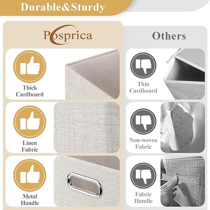 Posprica Closet Storage Bins, 4 Pack Closet Shelf Organizers, Linen Fabric Decorative Storage Baskets for Organizing, Foldable Storage Box for Clothes, Toy, 15x10.5x8.25 Inch (Beige)