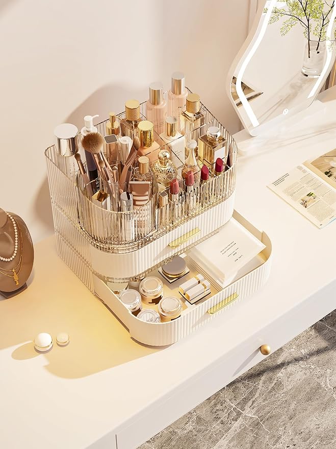 Makeup Organizer with Stackable Drawer, 360 Rotating Makeup Brush Holder, 11-inch Large Cosmetic Display Case, Skincare Organizers and Storage for Vanity, Bathroom Countertop (1 Tray + 2 Drawer)