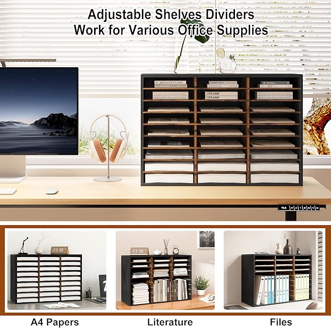 Literature Organizer 27 Slots Wooden Mailboxes for Classroom Office Mail Organizer Countertop Vertical File Sorter with Adjustable Shelves Heavy Duty Office Mailbox Cubbies, Black/Rustic Brown