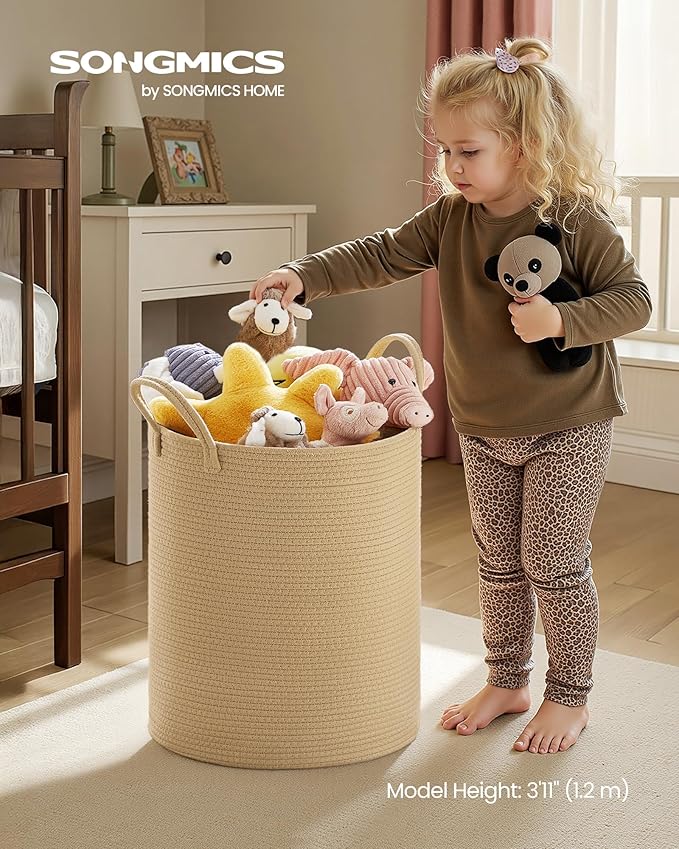 SONGMICS Laundry Hamper, Cotton Rope Laundry Basket with Handles, for Children, Toys, Clothing, Living Room, Bedroom, 15.8 Gallons, 13.8 x 13.8 x 19.7 Inches, Yellowish Brown URLH061KZ01