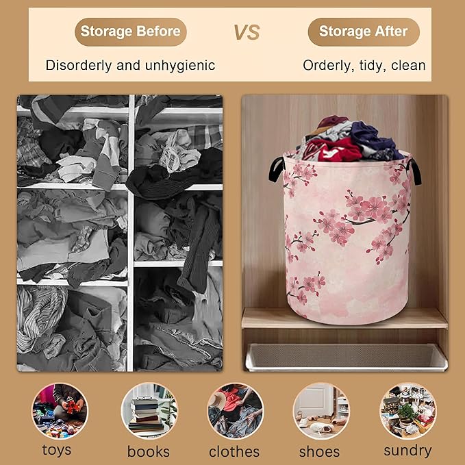 Laundry Hamper,Pink Flower Laundry Basket,Cherry Blossom Waterproof Oxford Cloth Storage Basket with Handle for Clothes Books Nursery Home Storage Sundries 16"x20"