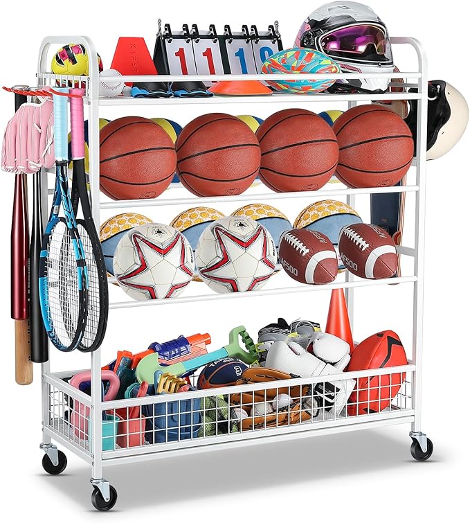Garage Sports Equipment Organizer - Rolling Ball Storage Bin with Wheels, Garage Sports Gear Rack Outdoor Basketball Racks for Balls with Baseball Bat Holder and Hooks, Toy Organizer(White)