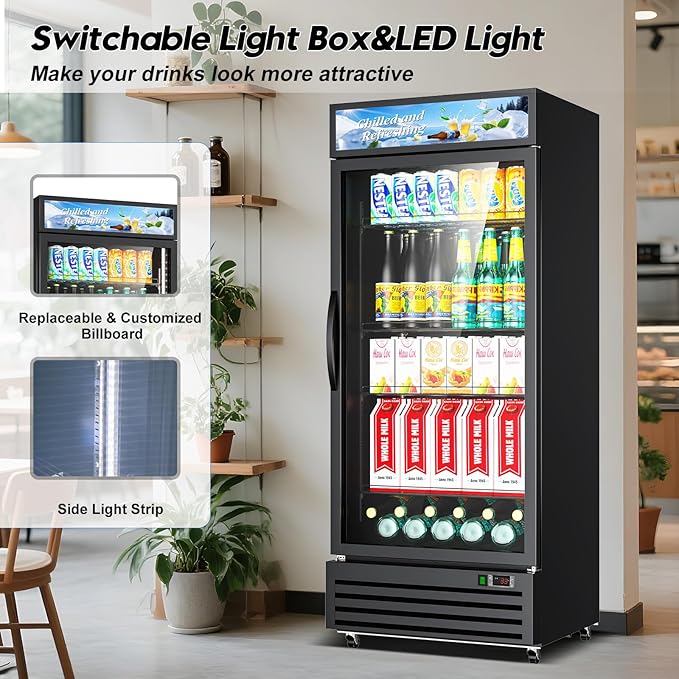 Commercial Beverage Refrigerator with Glass Door, 21.2 Cu.Ft Display Fridge Beverage Cooler with Customizable Lightbox Adjustable Shelves, Drink Fridge Merchandiser for Restaurant Shop, Black