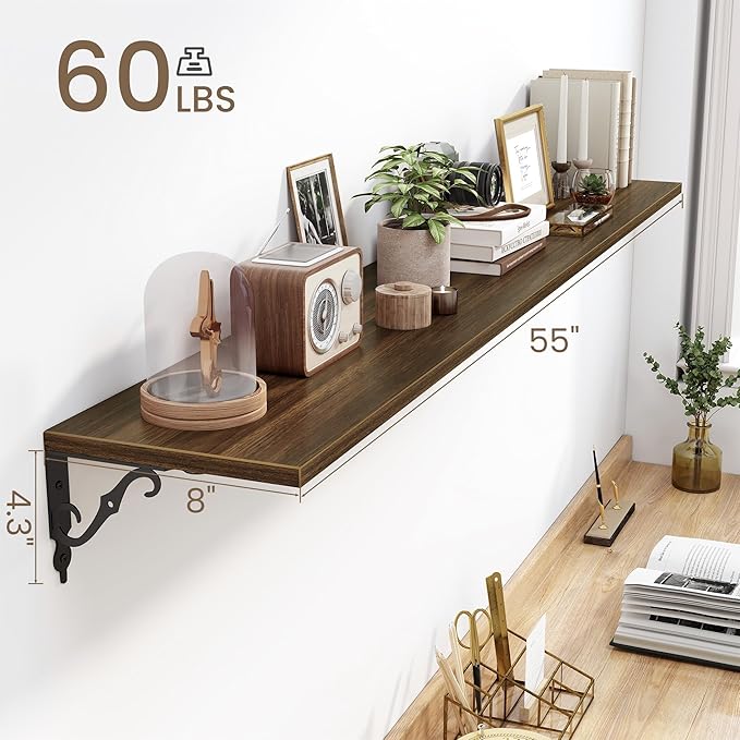 Fun Memories 55 Inch Floating Shelves, Long Floating Shelves Wall-Mounted, 8 Inch Deep Bookshelf with Bracket, 55" W x 8" D Shelves for Wall Display & Storage, Walnut, Set of 2