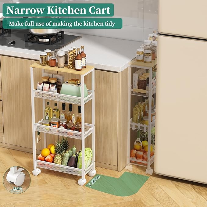 TIPGO Utility Slim Storage Cart, 4 Tier Rolling Cart with Wheels, Narrow Storage Cabinet for Bathroom, Laundry Shelves for Room Organization, Small Organizer for Kitchen, Office and Dorm (White)