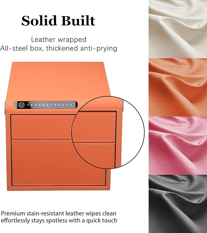 Jewelry Safe with Drawers，Biometric Fingerprint safe, Slide-Away Handgun Safe for Pistols, Leather Wrapped Jewelry Storage Safe, Digital Keypad & Quick-Access Drawer(Orange- 2 Drawer)