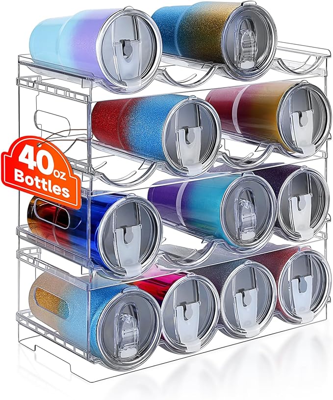 Large Compartment Water Bottle Organizer,4 Tier Stackable Water Bottle Rack for Cabinet,Tumbler Storage Organizer for Kitchen,Fridge,Cabinet Organization and Storage,Clear Water Bottle Storage Rack
