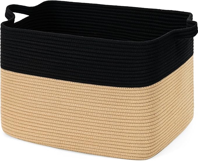 Goodpick 105L Extra Large Woven Blanket Basket Cotton Rope Storage Baskets for Organizing, Kids Toy Storage Organizer for Living Room Nursery, 25"x16"x16", Black & Jute