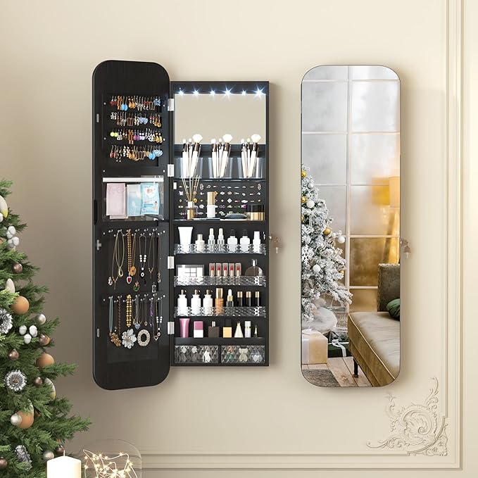 Vlsrka 47.2" LED Mirror Jewelry Cabinet, Wall/Door Mounted Full Length Mirror with Storage, Lockable Jewelry Armoire with Mirror, Rounded Corner Hanging Mirror Jewelry Organizer, Black