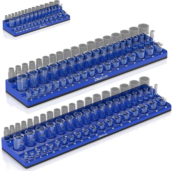 Olsa Tools 3-Row Magnetic Socket Organizer - Patented 3pc Socket Holder Kit - 1/2-Inch, 3/8-Inch, & 1/4-Inch Drive - Socket Organizers For Toolboxes - Blue - Holds 141 - Part 1562