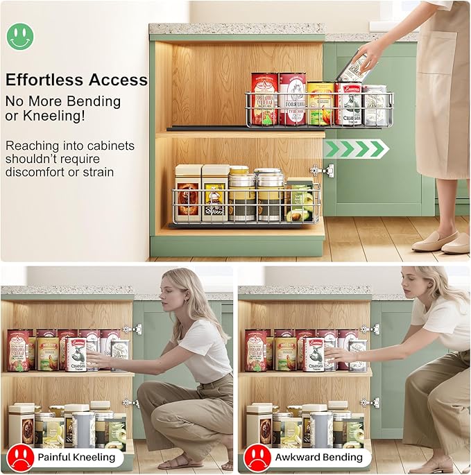 Pull out Cabinet Organizer, Stainless Steel 4-Pack Slide out Drawer with Silent Full-Extension Slides, Adhesive Roll out Can Spice Storage Basket Shelf Rack for Pantry, Kitchen, Bathroom, Home Closet
