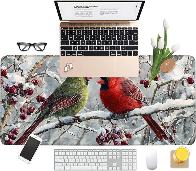 Winter Cardinal Bird Gaming Mouse Pad 35.4"x15.7"Desk Mat Anti-Slip Rubber Base & Durable Stitched Edges for Gamers Smooth Mouse Writing Surface for Desk Office/Home