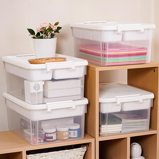 Citylife 17 QT Storage Bins with Building Baseplate Lid and Removable Tray Large Plastic Storage Bins Lego Organizers and Storage Bead, Tool, Sewing, 4 Packs