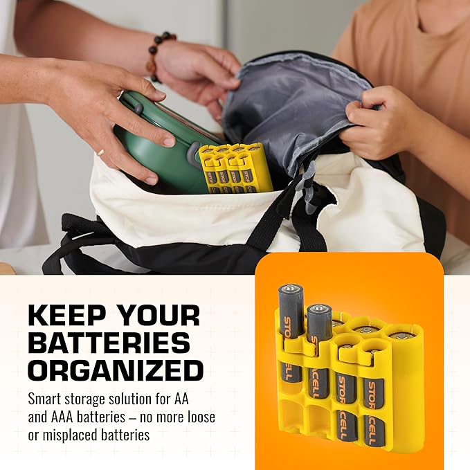 Storacell AA + AAA Combo Battery Storage Caddy and Dispenser, Yellow, Holds 4 AA + 4 AAA Batteries (Not Included), Durable & Compact Design, The Original Battery Caddy, Made in The USA