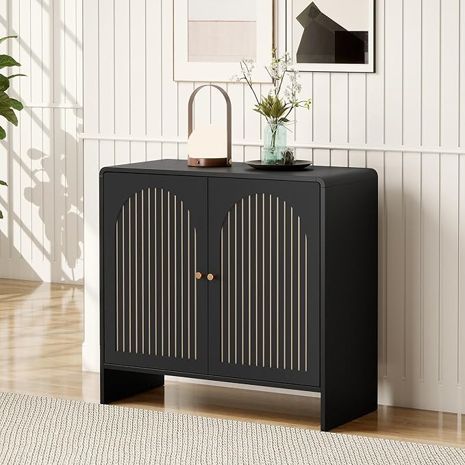 Black Sideboard Buffet Cabinet with Storage, Wood Arched Storage Cabinet with 2 Doors and Adjustable Shelf, Small Curved Entryway Accent Cabinet for Living Room Hallway Kitchen Dining Room