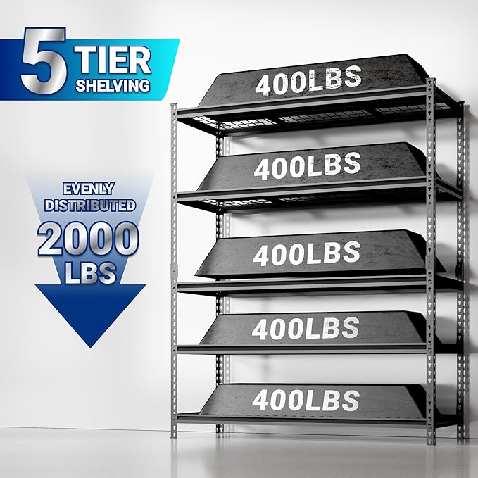 FLEXIMOUNTS Garage Shelving, Heavy Duty Shelving 2000 lbs, 5-Tier Garage Storage Shelves,Industrial Shelves for Heavy Tools and Equipment, 48" W x 24" D x 72" H