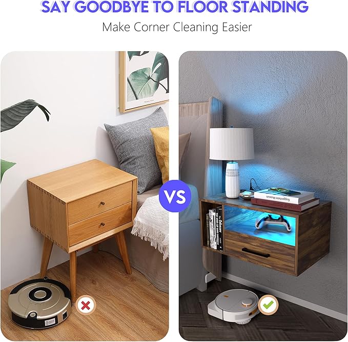 Homaterial Floating Nightstand with Charging Station and LED Lights, Floating Bedside Table with Drawers Wall Mounted Nightstands,for Bedroom Room, 21.3" x 11.8" x 10",Rustic Brown