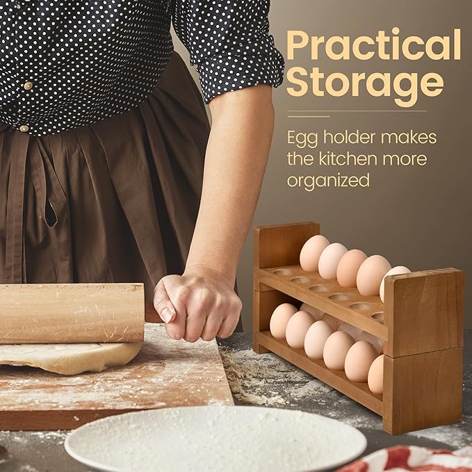 Double Layer Egg Tray Holder Countertop - Wooden Fresh Egg Rack Stackable Storage Basket, 2 Tier Egg Organizer for Farmhouse Kitchen Refrigerator