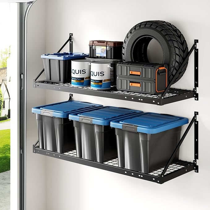 FLEXIMOUNTS 2-Pack 2x4ft Garage Wall Shelving - Heavy Duty Garage Storage Rack, 880lbs Load Capacity with Brace Guardrail, Organization System for Tools, Bins, Utility Room, Pro Series