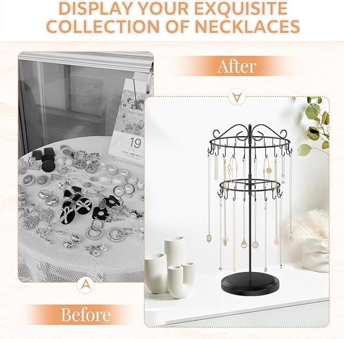 iDavosic.ly 2 Tier Rotating Necklace Holder Organizer with 42 Hooks, Adjustable Metal Bracelet Display Stand Rack, Extra Tall Keychain Spinning Tree Tower for Women, Black