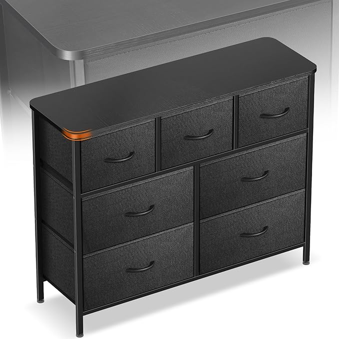 Curved Profile Dresser for Bedroom, Chest of Drawers, 7 Storage Drawers Organizer Unit, Black Dresser with Fabric Bins for Closet, Living Room, Kid Room (Charcoal Black)