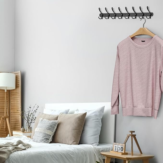 Coat Rack Wall Mount with 8 Tri Hooks, Stainless Steel 24 Inch – Black Matte Finish, Heavy Duty Wall Mounted Hook Rack for Coats, Hats, Towels, Scarfs, Robes, Bags, Entryway & Bathroom