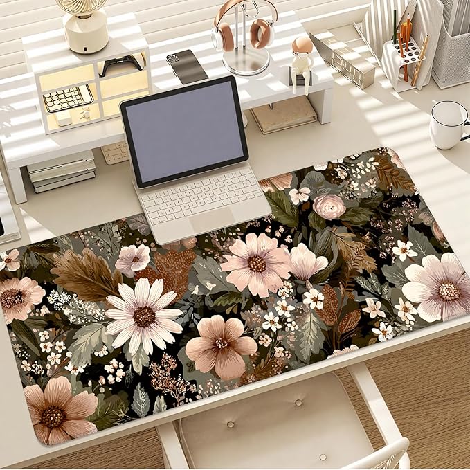 Vintage Beige Floral Mouse Pad – Large Extended Desk Mat 35.43 x 15.75 in – Neutral Retro Botanical Design, Non-Slip Rubber Base, Waterproof Surface, Oversized Keyboard & Mouse Pad for Office or Home