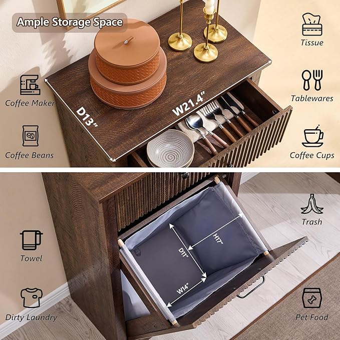Modern Tilt Out Laundry Hamper Cabinet, 10 Gallon Fluted Trash Can Cabinet with Drawer, Wooden Hidden Garbage Can Cabinets with Laundry Basket, Free Standing for Bathroom and Kitchen, Brown