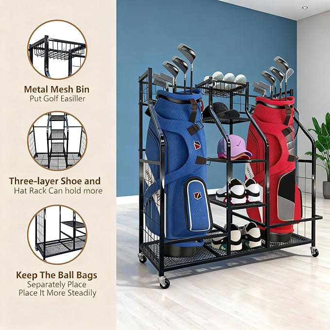Golf Bag Storage Organizer Stand - Heavy Duty Steel Rack Holds 2 Golf Bags with Central Storage Shelf for Golf Balls, Shoes & Accessories, Space Saving Garage Golf Club Equipment Holder
