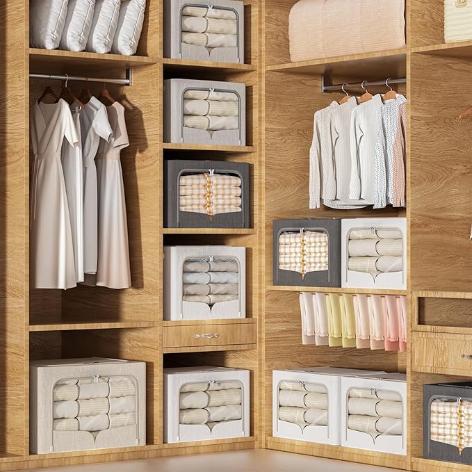 FHSQX 3 Pack Clothes Storage Bins Foldable Metal Frame Storage Box Stackable Linen Fabric Container Organizer Set with Carrying Handles and Clear Window (Cream White, 23.6x16.5x15.7inch(100L))
