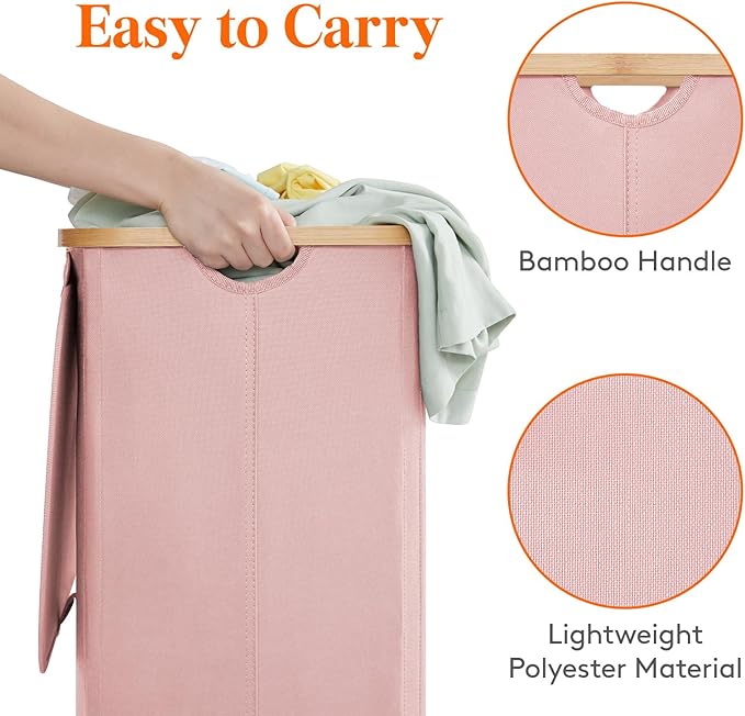 Lifewit 100L Laundry Basket with Lid, Clothes Hampers for Laundry with Bamboo Handles and A Removable Laundry Bag, Large Foldable Hamper for Bedroom, Bathroom, Dorm, Laundry Room, Pink