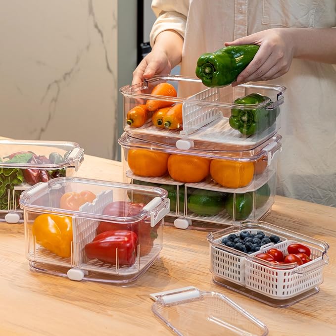 Felli Duo Fresh Produce Saver for Fridge, Fruit Vegetable Container with Vent & Drainage in Bottom for Wash, Colander Strainer Storage Bin for Refrigerator, Berry Lettuce Keeper, Christmas Gifts