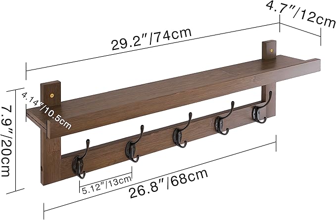 SMIBUY Coat Hooks with Shelf Wall-Mounted, 29.2 Inch Entryway Coat Rack for Wall, Bamboo Hanging Shelf with 5 Double Metal Hooks for Bathroom, Bedroom, Kitchen, Living Room, Mudroom (Walnut)