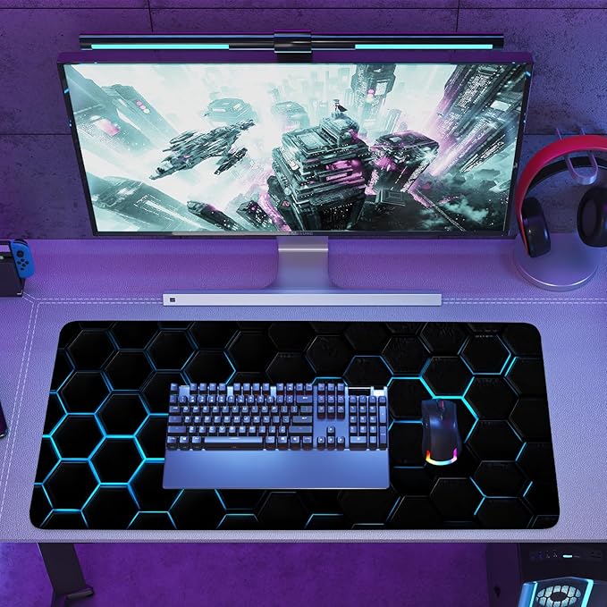 Gaming Mouse Pad – Large Extended Desk Mat35.43 x 15.75 in – Futuristic Black Honeycomb Design with Blue Glow, Non-Slip Base, Waterproof Surface, Keyboard & Mouse Pad for Gaming or Office