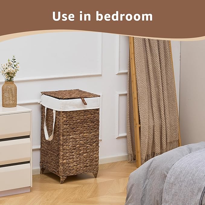 Laundry Hamper with Lid and Removable Liner Bag, Handwoven Natural Hyacinth Clothes Hamper with Heightened Feet, Wicker Laundry Basket for Clothes and Towels，Small