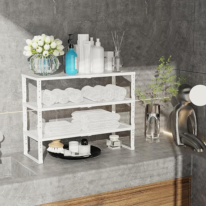 Expandable Cabinet Shelf Organizer Storage Spice Rack Shelves for Kitchen Stackable Adjustable Pantry Cupboard Bathroom Countertop Desktop(2Packs/White/Large-with Hole)