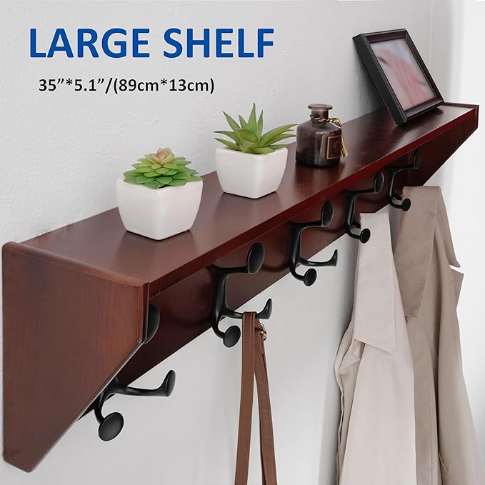 WEBI Wall Shelf with Hooks Underneath,35” Long Wall Mounted Coat Rack with Shelf,Entryway Coat Rack with 5 Triple Hooks for Hanging Coats,Jacket,Hallway,Bedroom,Mudroom,Cherry