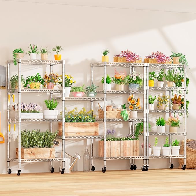 PrimeZone 75" H Wire Shelving 5 Tier Slim Steel Storage Metal Shelves with Wheels,Adjustable Kitchen Utility Shelving Unit,Pantry Rack Rolling Metal Shelf Chrome 24" Wx18 Dx75 H