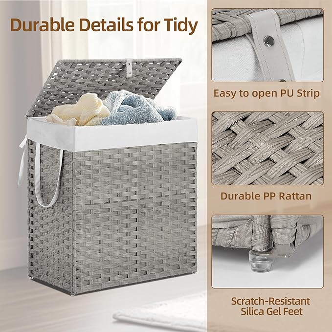 Woven Laundry Basket with Lid, Large Hamper with Removable and Machine-Washable Liner, Foldable Rattan Clothes Hamper, Sturdy Steel Frame, Odor Control, 110L Capacity, Dove Gray