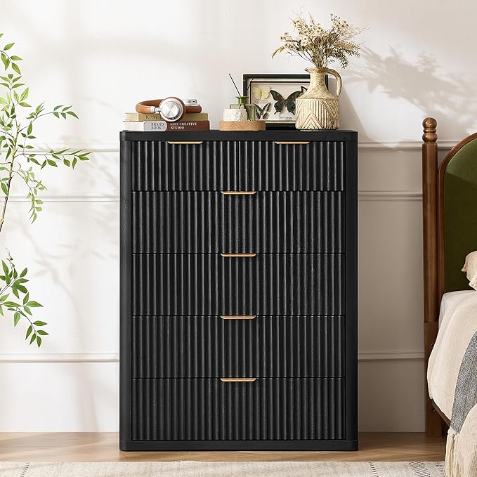 LEYAOYAO Fluted 6 Drawers Dresser for Bedroom, 42" Tall Modern Chest of Drawers with Metal Handle, Curved Profile Design,Black Wood Drawer Organizer for Bedroom, Living Room, Hallway, Entryway