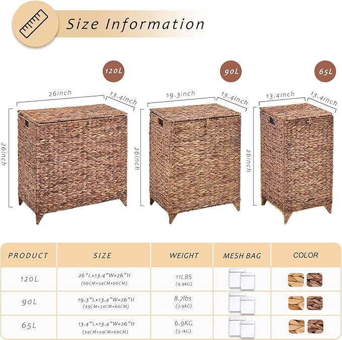 Large Laundry Hamper with Lid, Handwoven Hyacinth Rattan Clothes Hamper with Removable Liner Bag, Heightened Feet Wicker Laundry Basket for Bathroom, Bedroom, Living Room and Laundry