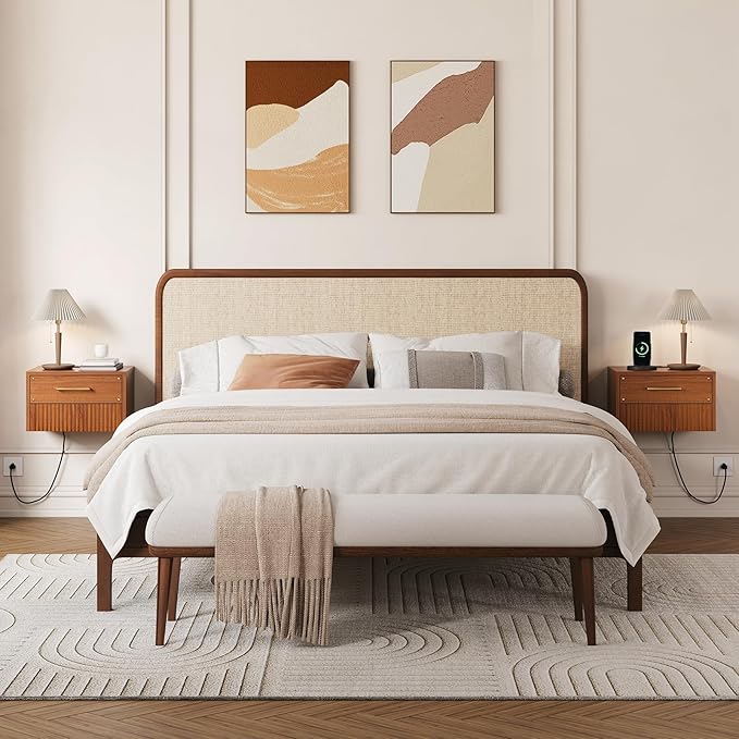 Floating Nightstand Set of 2, Mid Century Modern Wall Mounted Bedside Table with Charging Station, Fluted End Table with Storage Drawers for Bedroom, Home Small Space, Cherry, 2 PCS