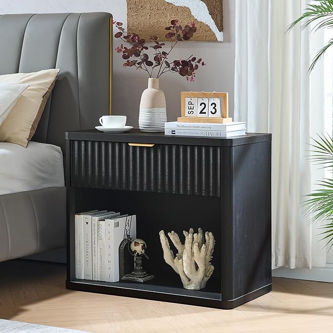 LEYAOYAO 31" Wide Fluted Nightstand with Charging Station, Oversized Extra Large 1 Drawer Night Stand with Golden Handle, Black Wood Bedside Table Tall End Tables,for Bedroom, Living Room, Hallway