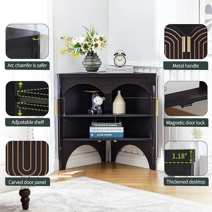 Small Corner Storage Cabinet, Mid Century Modern Floor Corner Cabinet with Curved Doors and Adjustable Shelves，Freestanding Narrow Storage Organizer for Bathroom, Living Room (Black)