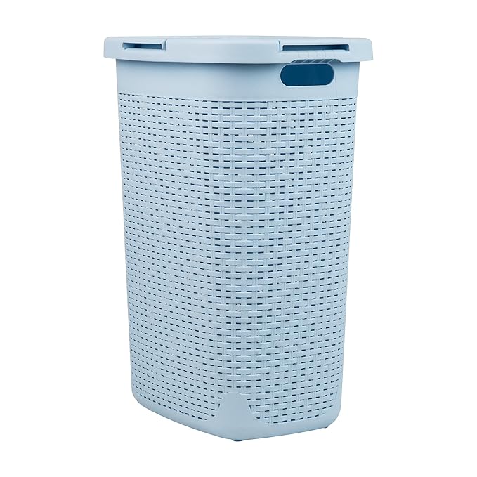 Mind Reader Slim Laundry Hamper with Lid, 60L Clothes Basket, Premium Wicker Design, Plastic, Baby Blue