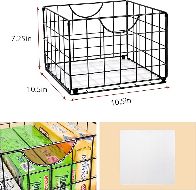 Metal Wire Basket Organizer Foldable Set of 6, Food Storage Mesh Bin with PVC Sheet, Freezer Organizer Bins for Pantry Closet Bathroom-Black