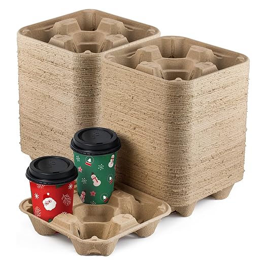 FMP Brands 4 Cup Disposable Drink Carrier Trays, 320 Pack Compostable Pulp Fiber Cup Holder for 8-32oz Cup, Durable to Go Coffee Cup Holders for Delivery Service, Uber Eats